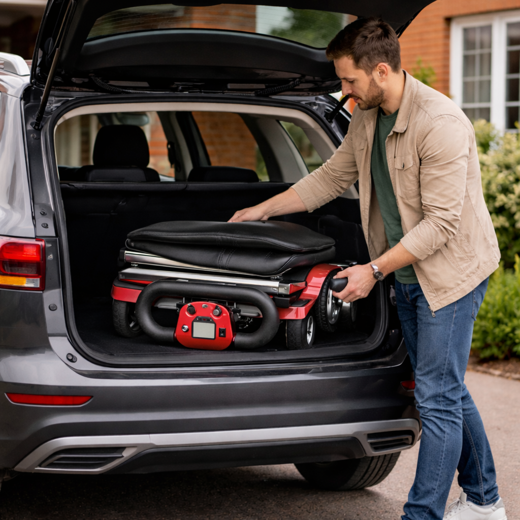 Young man putting folded scooter into boot of car.