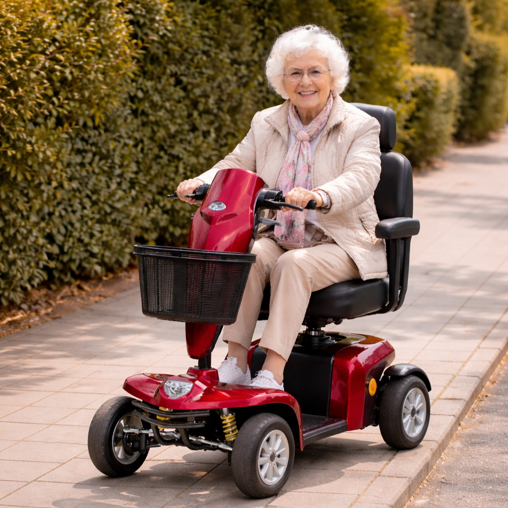 Granny on light blue scooter on pavement.